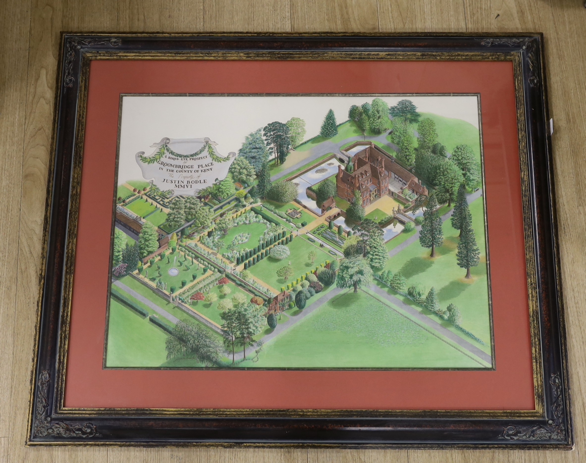 Josephine Marston, watercolour, 'A birds-eye Prospect of Groombridge Place', signed, 53 x 70cm